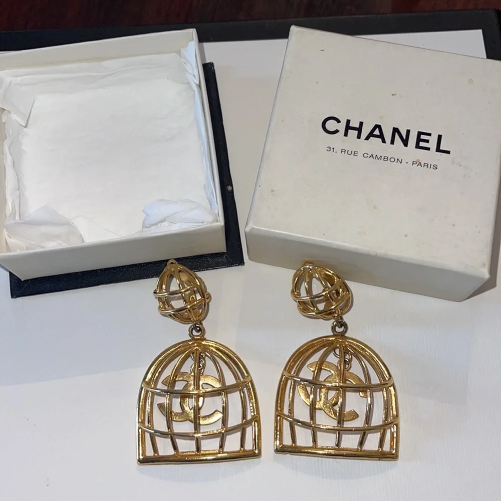 Chanel Large Birdcage 1990’s Gold Earrings with Box CC Vintage Iconic